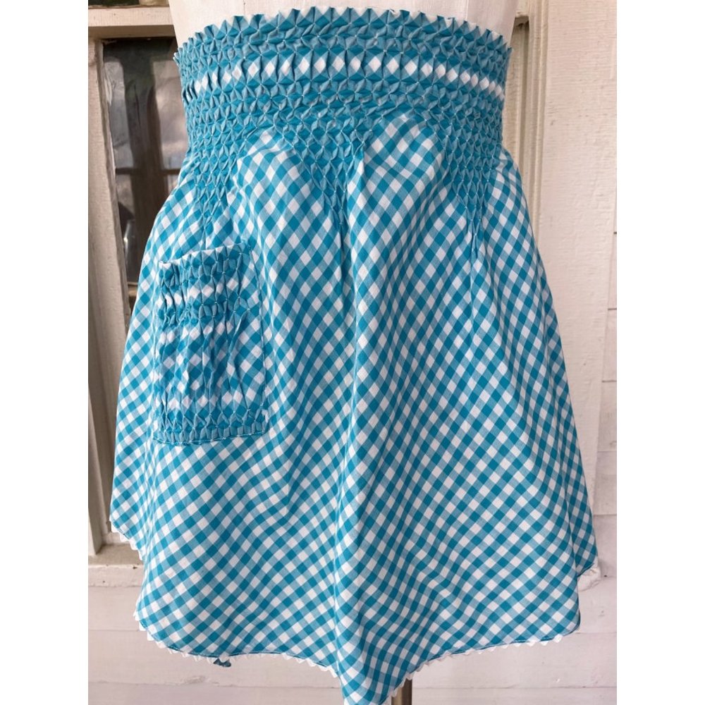 Vintage Turquoise Blue Gingham Check Smocked Half Apron Farmhouse